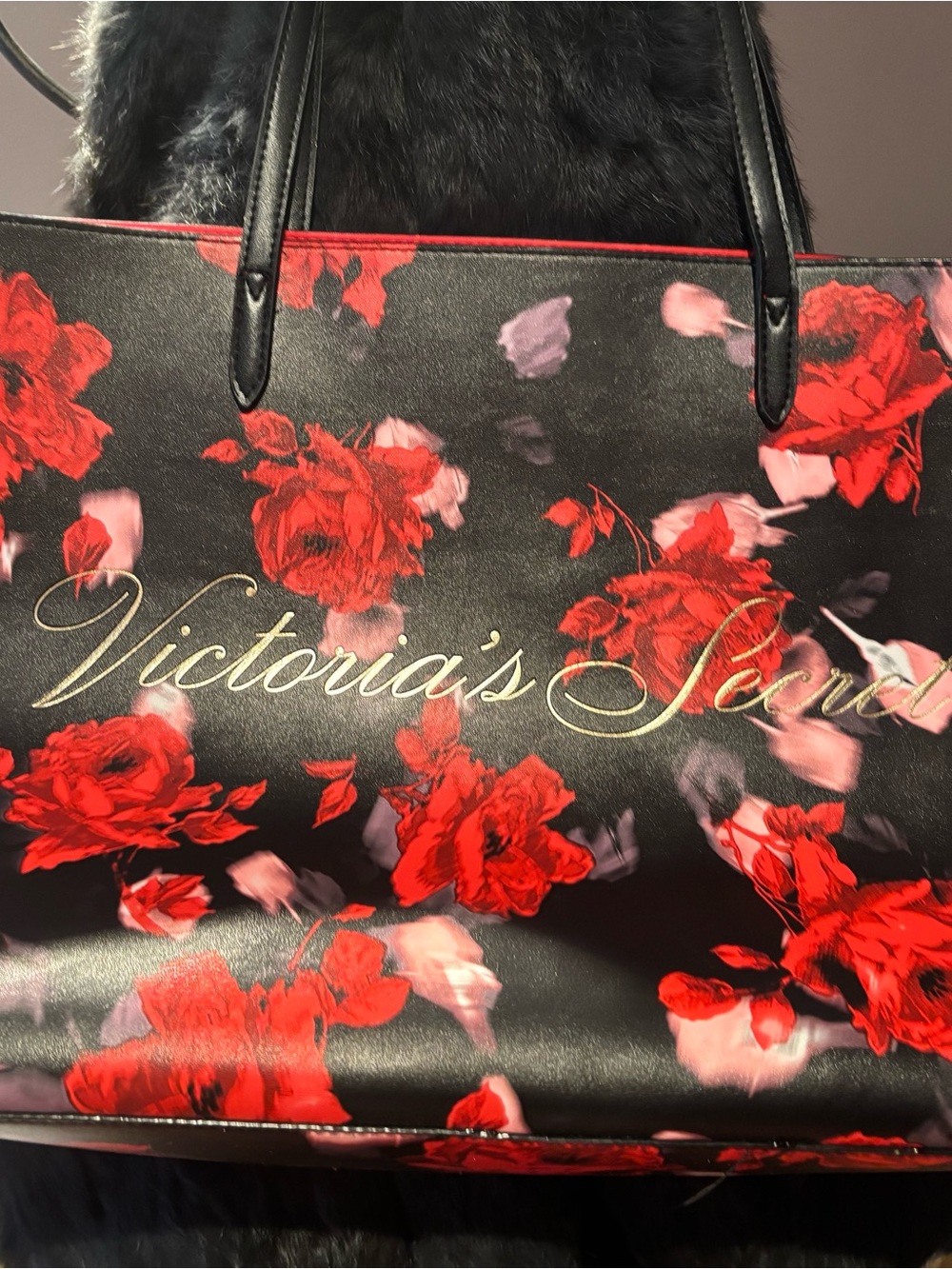 Victoria's Secret Black Tote with Red Floral Print